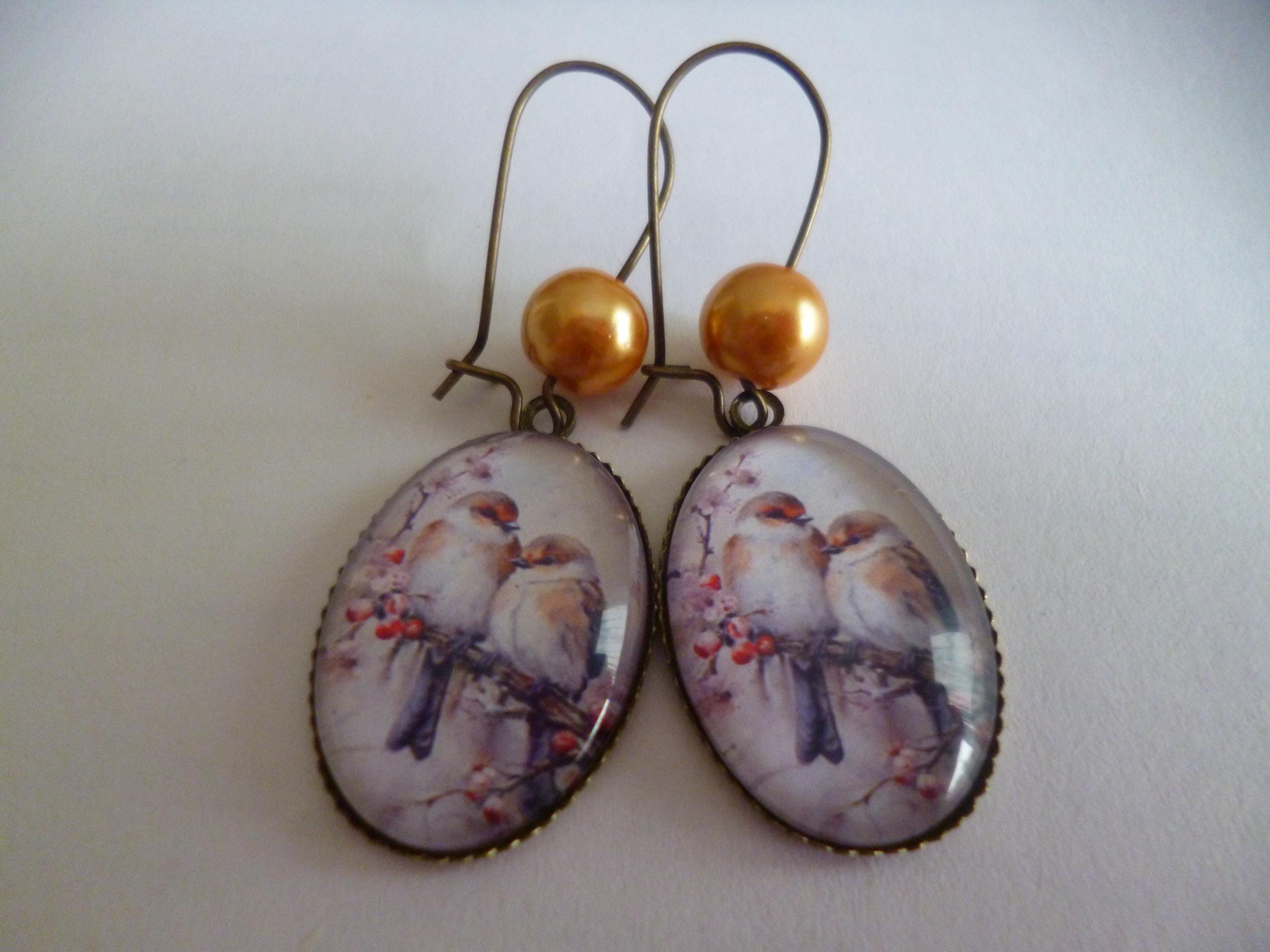 Boucles D'oreilles Pendantes Bronze - Perles Larmes Bleues Cabochon Oiseau - 18x25 Mm - Neuf