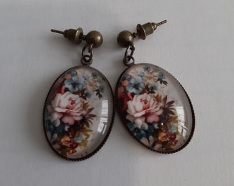 Boucles d'oreilles bronze crochets perles cabochon 2,5cm neuf
