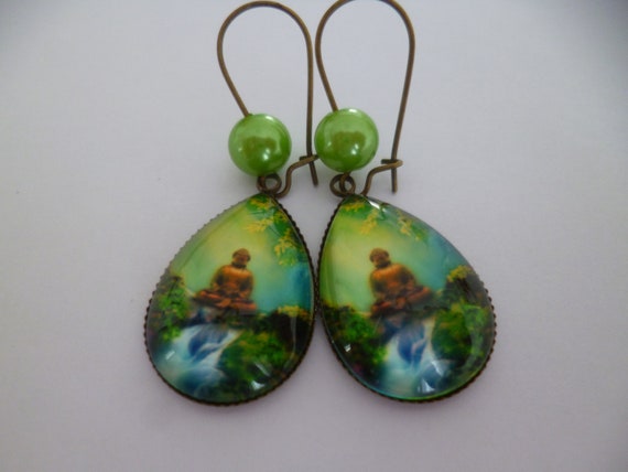 Boucles D'Oreilles Pendantes Bronze Avec Perles Et Cabochon Verre 18x25mm - Marque L'Imaginaire Des Fées