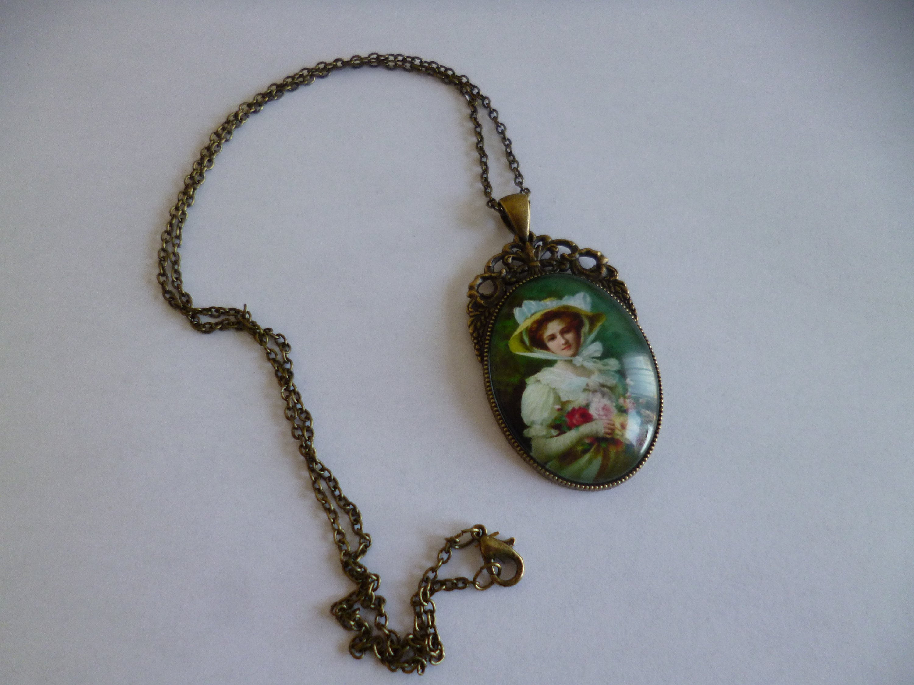 Collier Sautoir Long En Bronze Avec Cabochon Et Perles De Quartz Rose - Longueur 56-60 Cm, Style Baroque