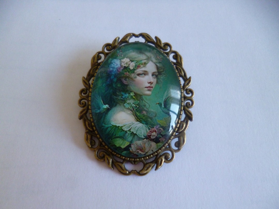 Grande Broche Épingle En Bronze - Cabochon Féerique 30x40mm - Neuf Sans Emballage