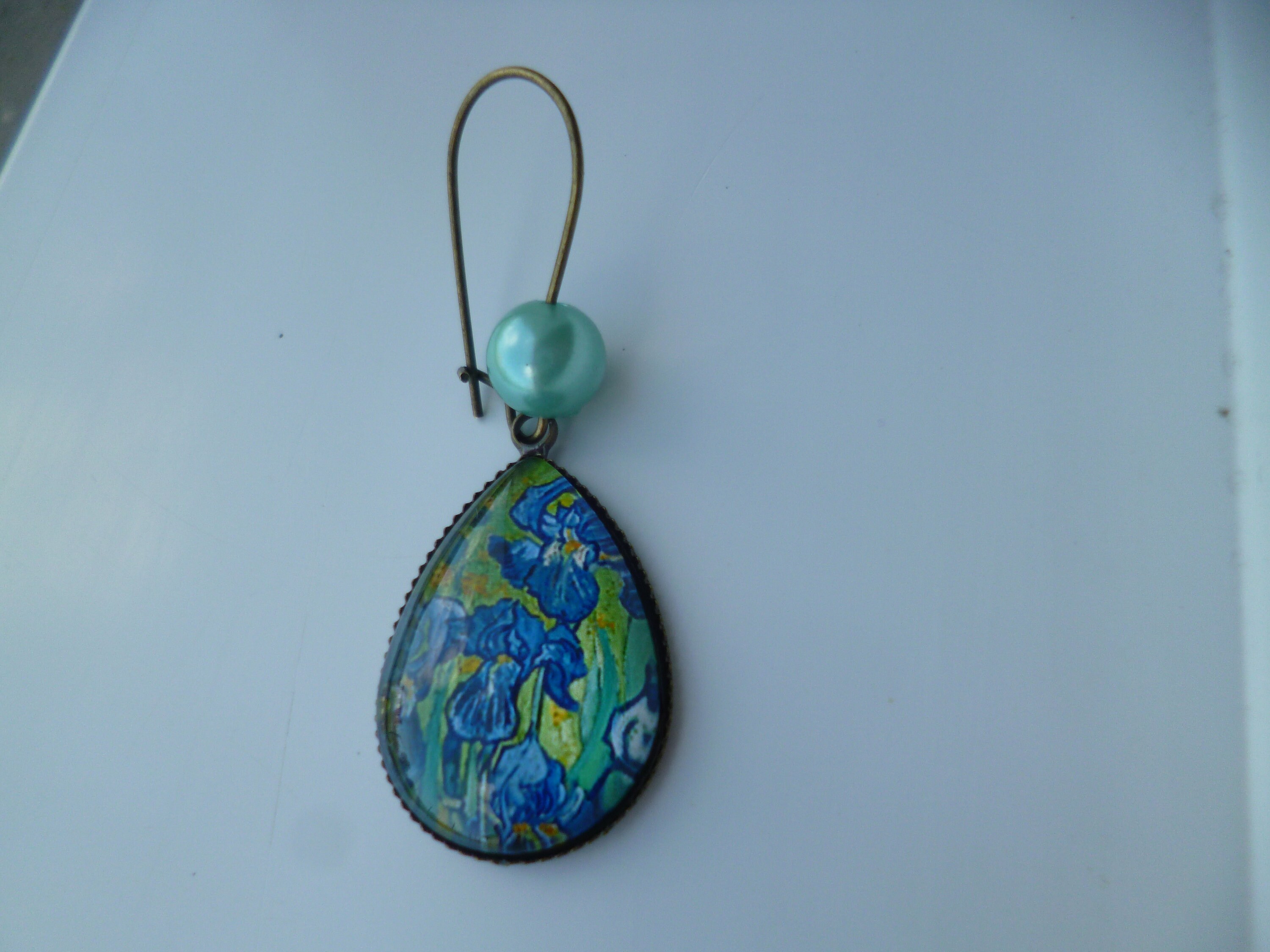 Boucles D'oreilles Pendantes Perles Larmes Violet Iris - Cabochon 18x25mm Sur Crochets Bronze