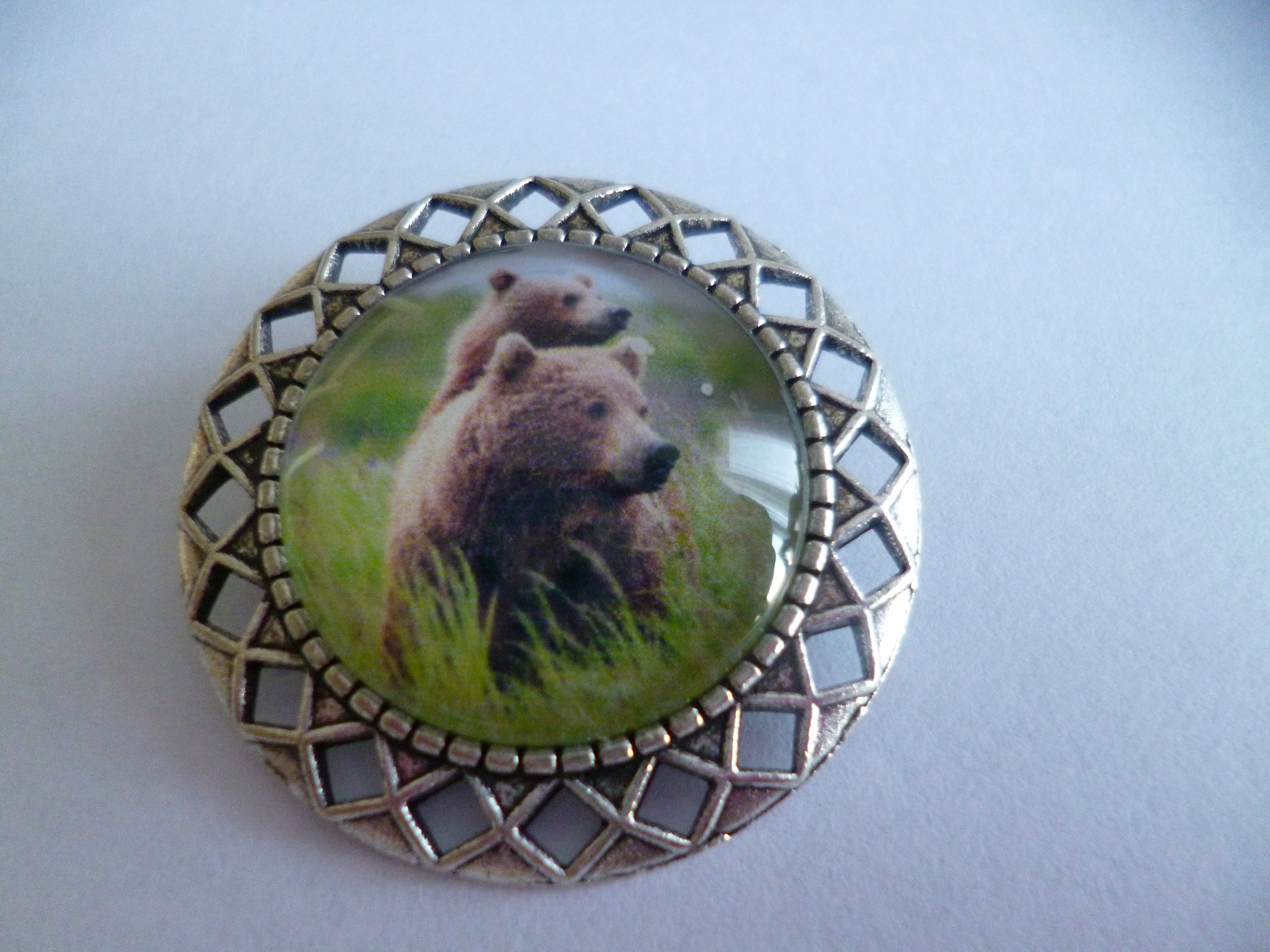 Broche épingle Argent Avec Cabochon Forêt - Diamètre 25 Mm, Verre, Neuf Sans Emballage
