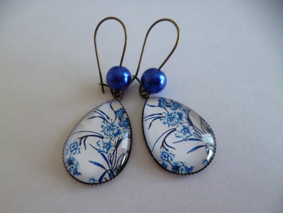 Boucles D'oreilles Pendantes Bronze - Perles Cabochon Quartz Et Améthyste - Geisha