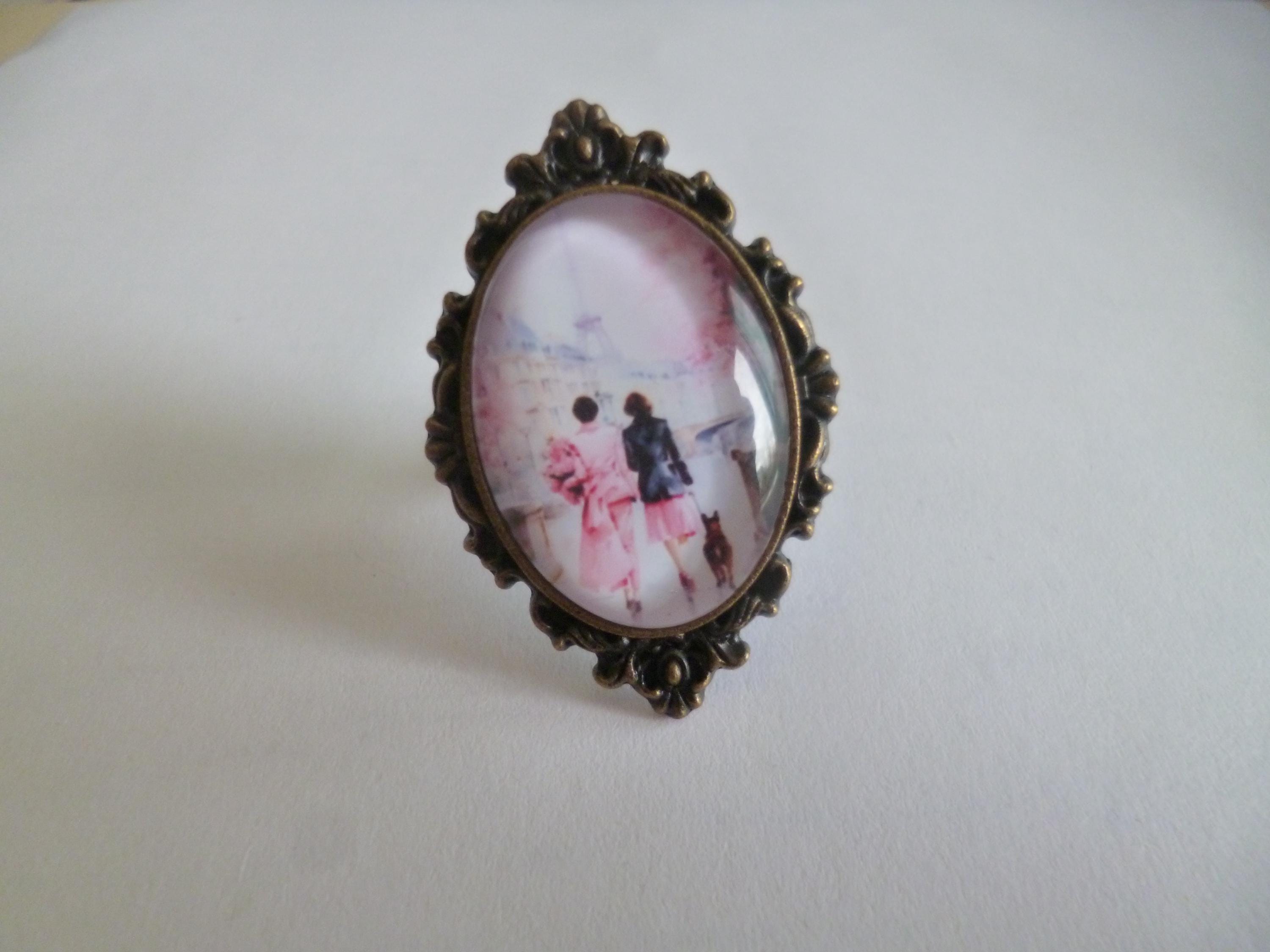 Bague Réglable En Bronze Avec Cabochon Monet - Dimensions 18x25mm - Pochette Cadeau Incluse