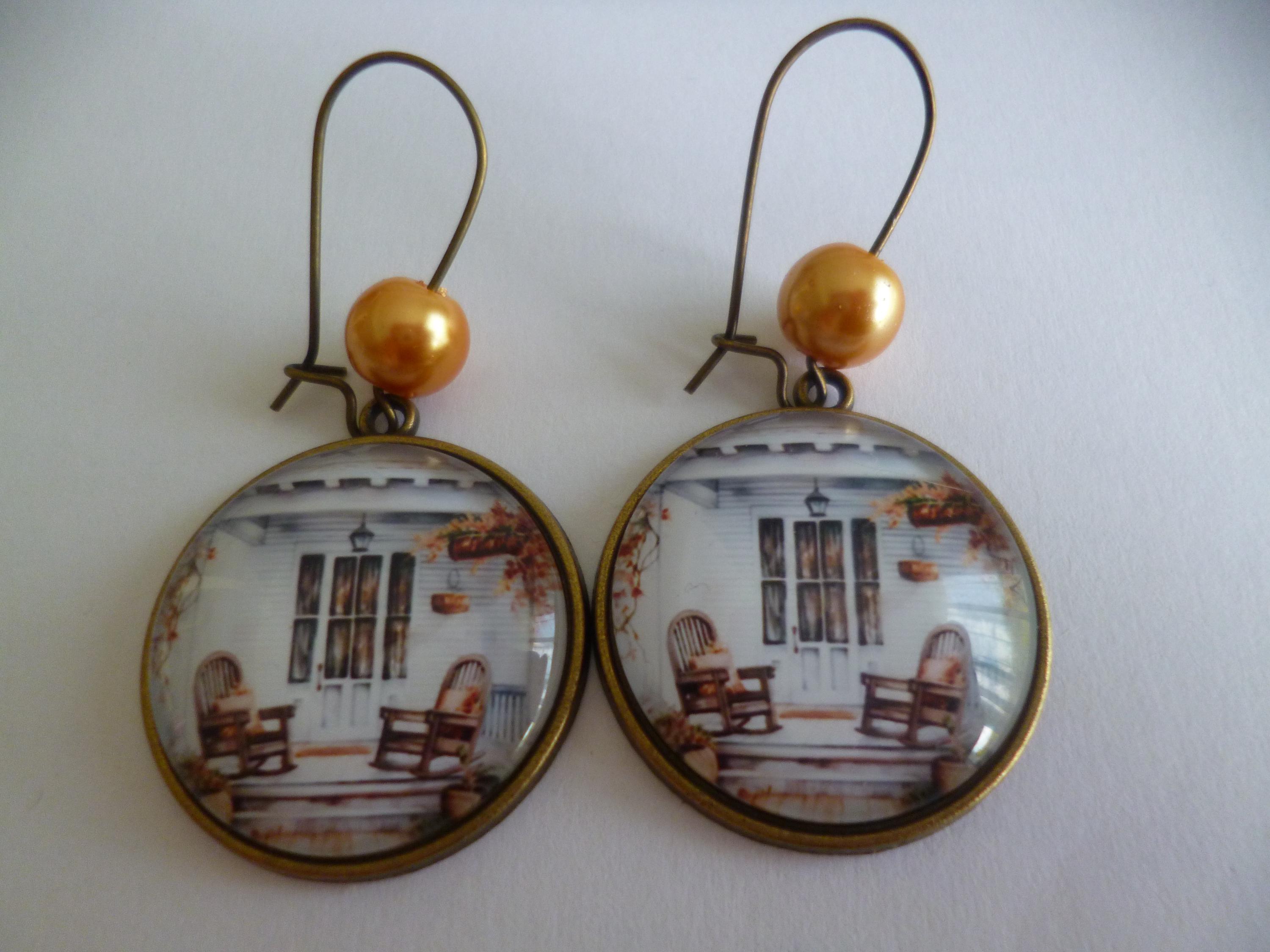 Boucles D'oreilles Bronze Avec Cabochon Vert - 25mm - Style Terrasse été