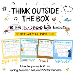 Pode incluir: Gráfico colorido com o texto "THINK OUTSIDE THE BOX" e "40-Page FOUR SEASONS MEGA BUNDLE". A imagem inclui quatro pacotes sazonais: Primavera, Verão, Outono e Inverno, cada um com sugestões.