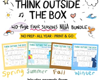 May include: A colorful graphic with the text "THINK OUTSIDE THE BOX" and "40-Page FOUR SEASONS MEGA BUNDLE." The image includes four bundles labeled Spring, Summer, Fall, and Winter, with prompts from each season.