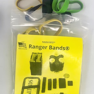 May include: A yellow package with the text "Ranger Bands®" and "NGE61972TM" on it. The package contains a variety of black, green, and yellow rubber bands. The text on the package also says "Made from EPDM Rubber for outstanding heat, UV and saltwater resistance. All bands are extruded EPDM rubber 101 uses. rangerband1.com"