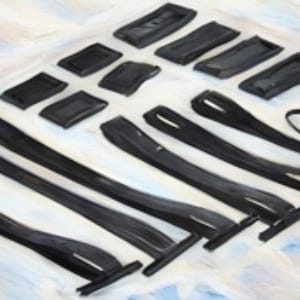 May include: A set of black straps with metal buckles, and black rectangular pieces of fabric. The straps are of various lengths and widths.