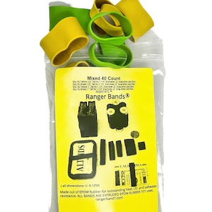 May include: A bag containing 40 mixed green and yellow rubber bands. The bag features a label that reads "Ranger Bands" and details the size and quantity of each colour band. The label also states "Made out of EPDM Rubber for outstanding heat, UV, and saltwater resistance. All bands are extruded EPDM rubber 101 uses. rangerband1.com"
