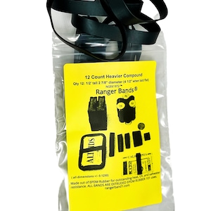 May include: A clear plastic bag containing 12 black rubber bands. The bag has a yellow label that reads "12 Count Heavier Compound", "Qty 12: 1/2' tall 2 7/8" diameter (4 1/2" when laid flat)", "NGE61972™", "Ranger Bands®", "(all dimensions +/- 0.1250)", "Made out of EPDM Rubber for outstanding heat, UV, and saltwater resistance. ALL BANDS ARE EXTRUDED EPDM RUBBER 101 uses.", "rangerband1.com".