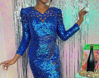 XS Blue Beaded Sequin Embellished Cut Outs Slit-Leg NYE Burlesque Showgirl Drag Vegas Old Hollywood Dress