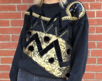 1980s Funky Abstract Bedazzled Rabbit Fur-Pom Groovy Black and Gold NYE Sweater