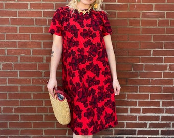 Vintage Handmade Red and Burgundy Floral Hibiscus Tropical Hawaiian Midi Dress