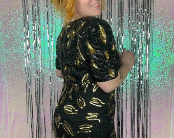 Gold and Black Scala Sequin NYE Party Dress 80s GlamRock