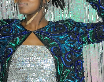 80’s Sequin Beaded Jacket Blue Green