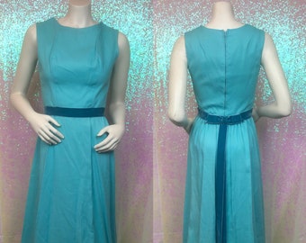 Peter Pan’s Wendy • 1960s Gorgeous Light Turquoise Floor Length Gown with Velvet Ribbon Waistband