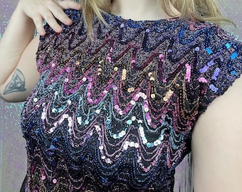 80s Glam Rock Roller Disco Queen Purple Blue Sequin Chevron Vintage Blouse