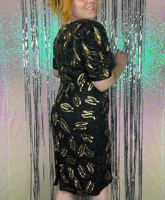 Gold and Black Scala Sequin NYE Party Dress 80s Gl
