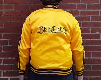 Vintage Late 70s 1970s Bee Gees Gold Satin Bomber Coaches Baseball Jacket Size Medium Made In USA