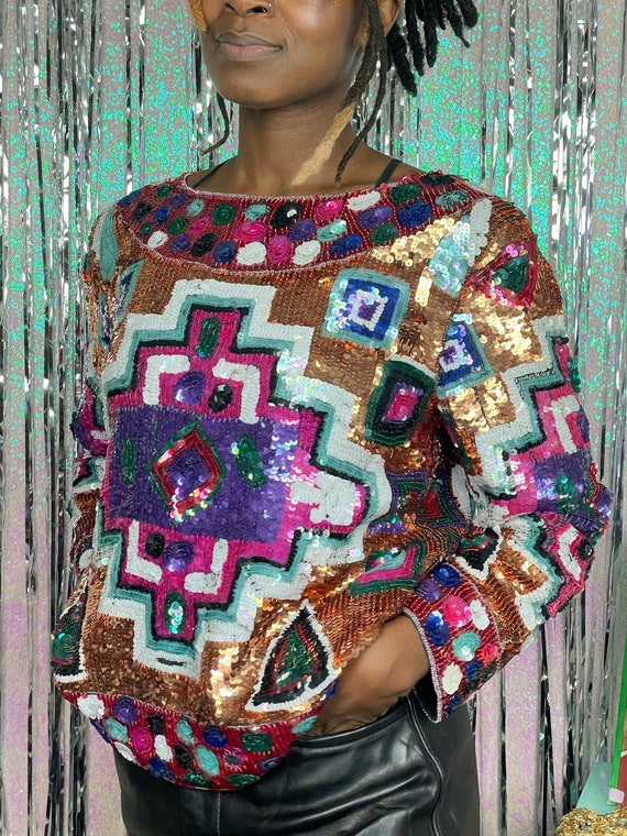 INSANE Abstract GeoMetric Sequin Pattern Top