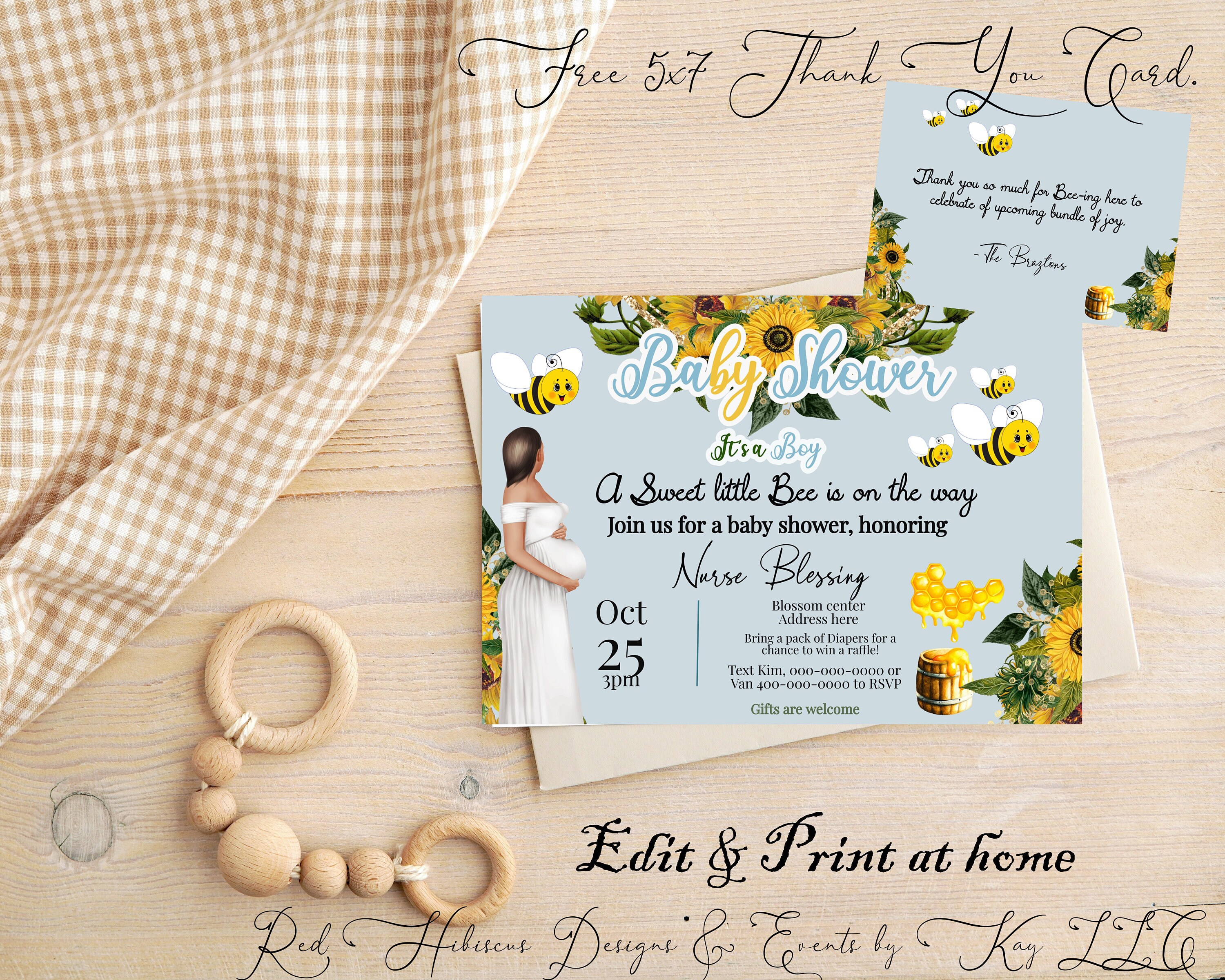 Bee Theme Baby Shower InviteEdit all text Yellow and BlueGreat Invitation for EventsDigital InvitePersonalize at your