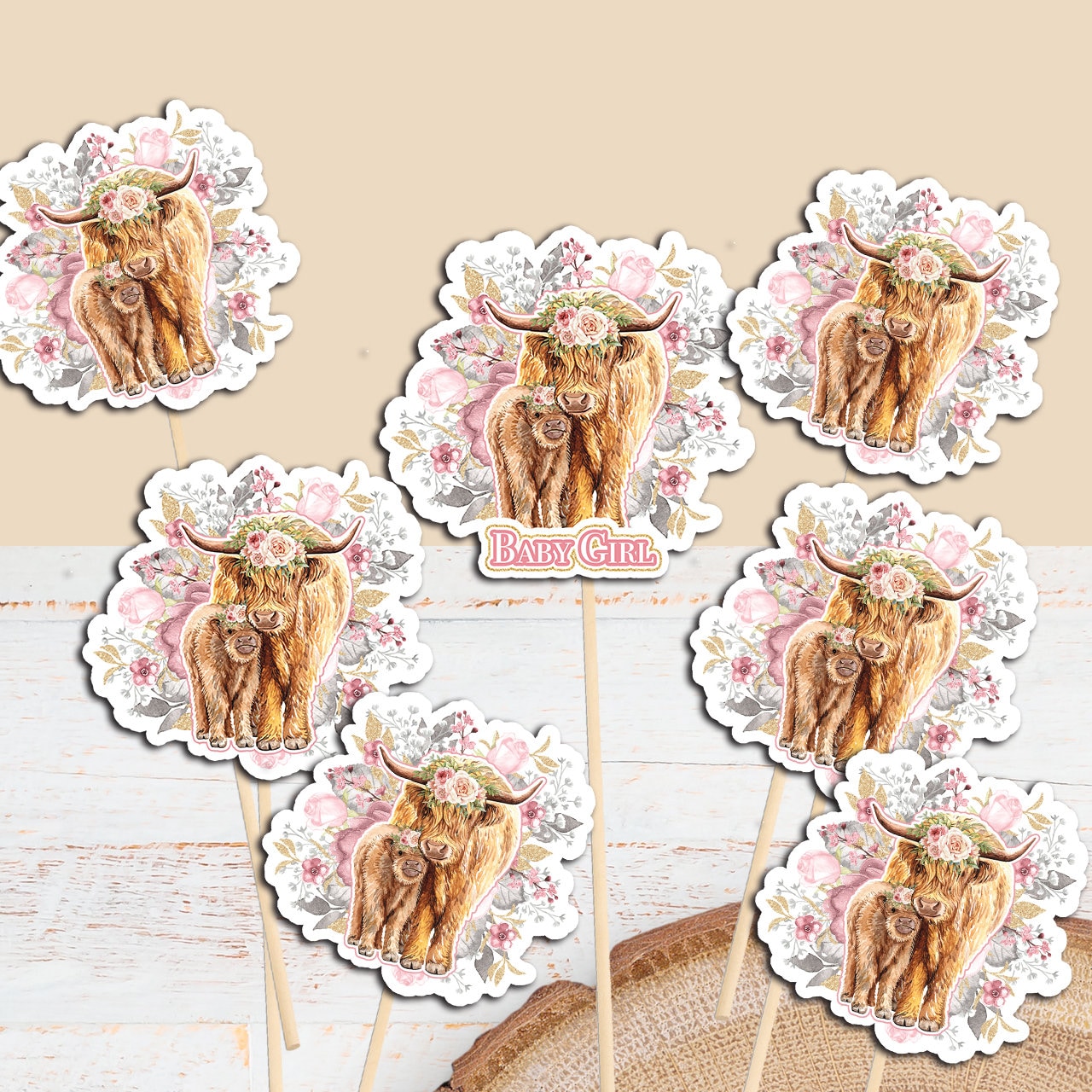 Highland cowBaby girl PropsBaby ShowerCenterpieces 6 count Pictures Wooden sticks included