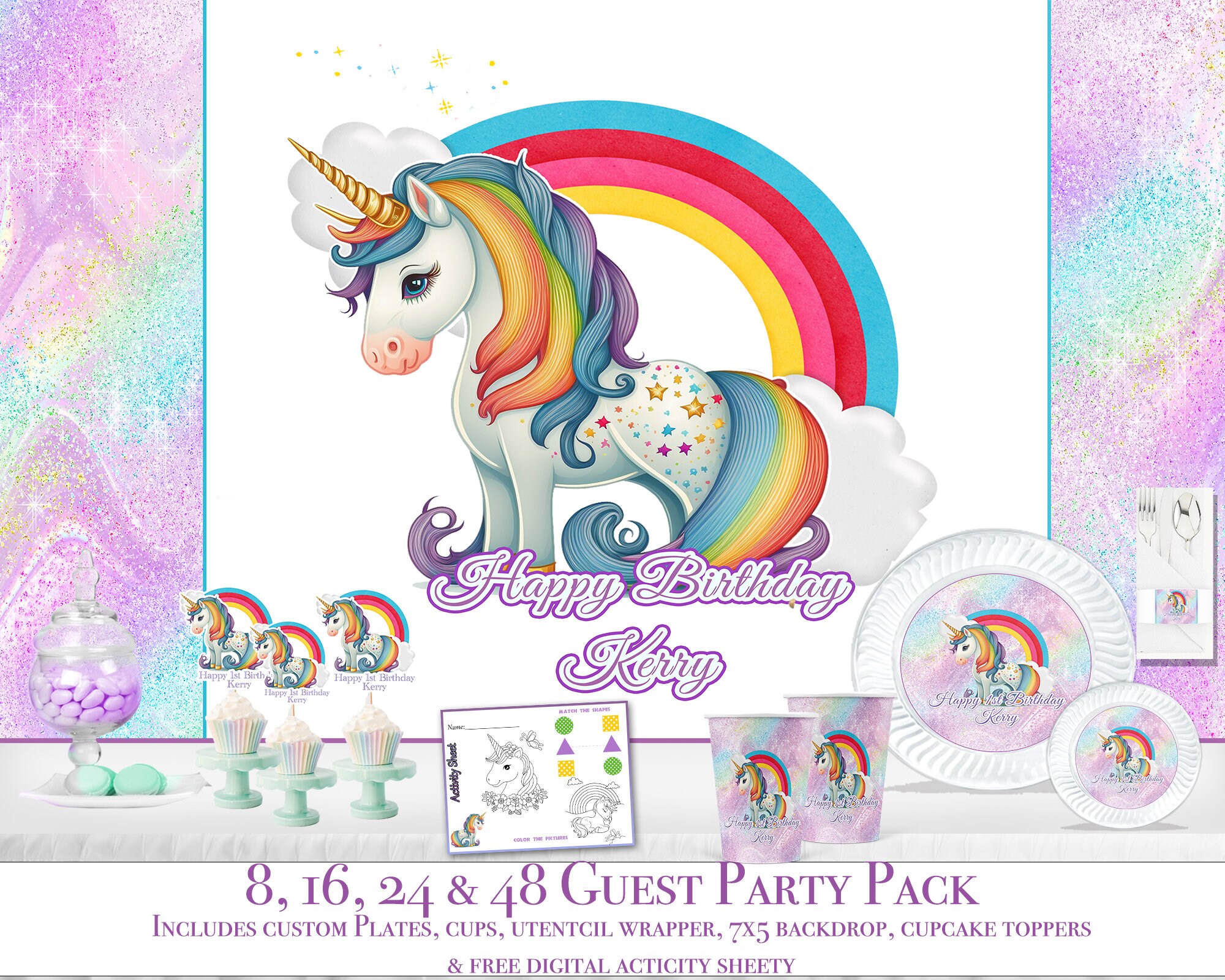 Custom Unicorn Party Pack Plastic clear plates 9 in sizecupsBackdropactivitytoppersCustomize