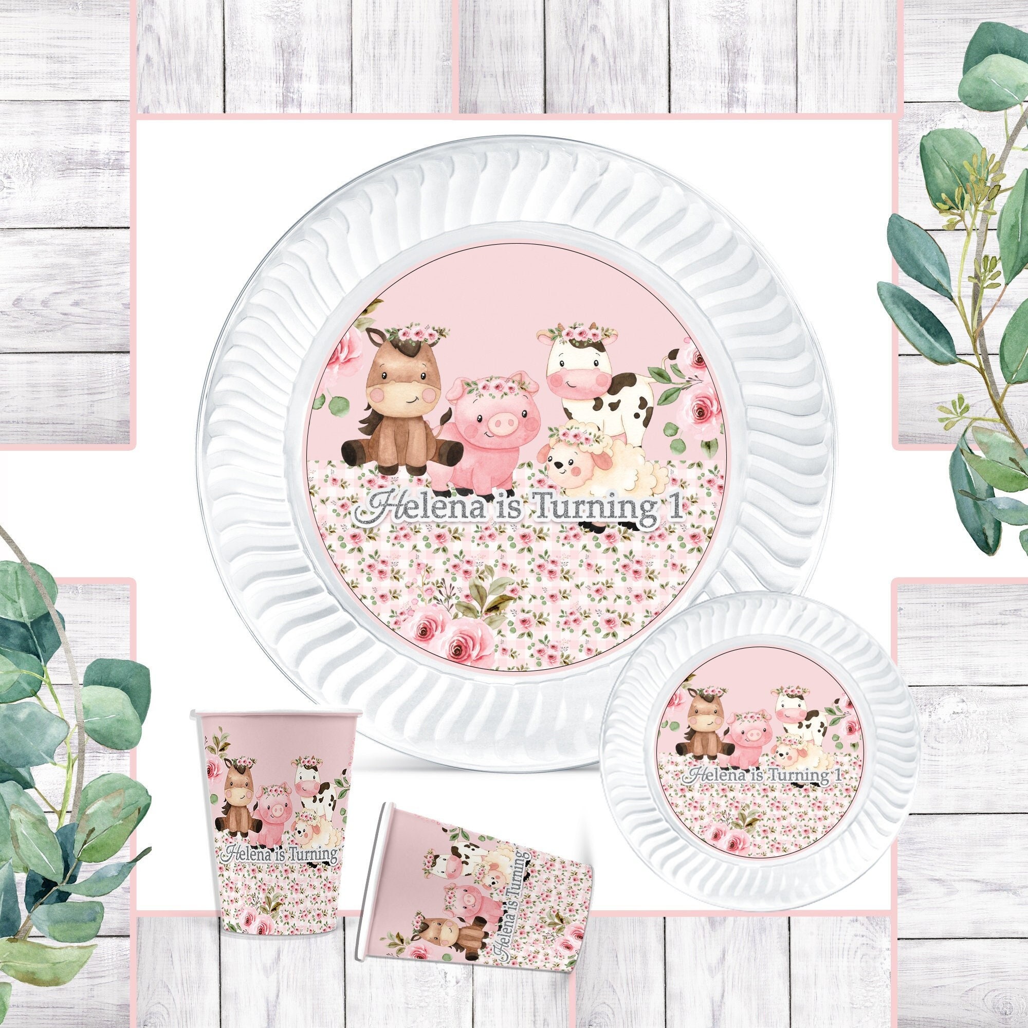 Pink Farm Partyl Plate Farm Animals Theme Event Plastic clear plates 9 in size CelebrationDisposables PlatesCustomize