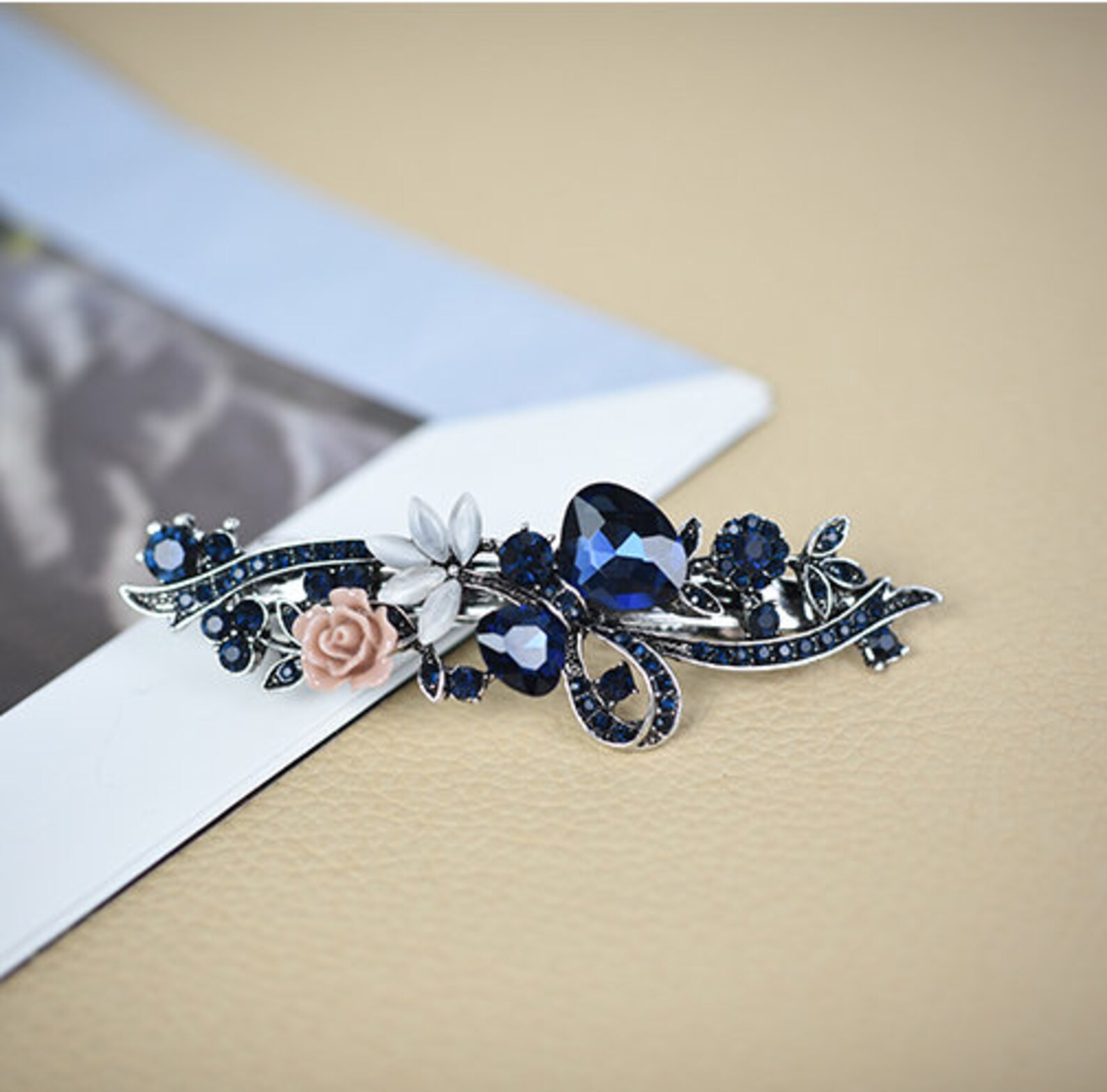 Floral Crystal French Hair Barrette Rhinestone Barrette Etsy