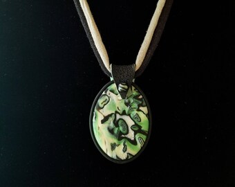 Oval Mokume Gane Polymer Clay Pendant in Black, Green and Pearl