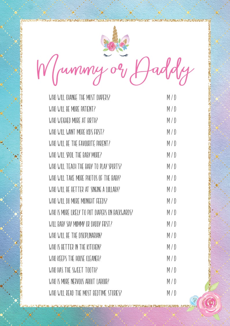 baby shower games mummy or daddy game unicorn girly etsy