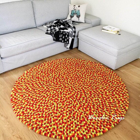 Red Orange Yellow Pom Pom Rug Rainbow Felt Ball Rug Custom Mat Playroom Kids Room Nursery Floor Decoration Idea New Baby Gift Wonderrugs