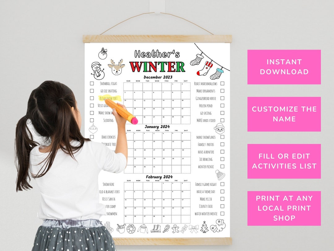 EDITABLE Printable Winter Calendar Poster, Christmas Activities ...