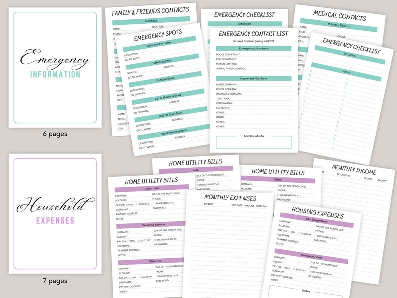 May include: Printable planner pages with a teal and purple color scheme. The pages are designed to help you organize your emergency information, household expenses, and monthly income and expenses.