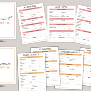 May include: A printable set of forms for personal and insurance information. The forms are organized into two sections: "Personal Information" with six pages and "Insurance Information" with four pages. The forms are designed with a pink and orange color scheme.