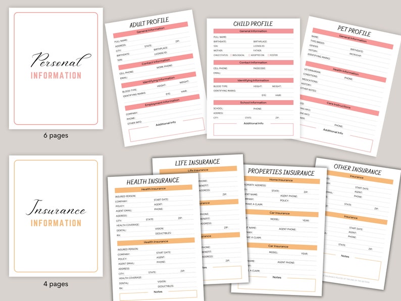 May include: A printable set of forms for personal and insurance information. The forms are organized into two sections: "Personal Information" with six pages and "Insurance Information" with four pages. The forms are designed with a pink and orange color scheme.