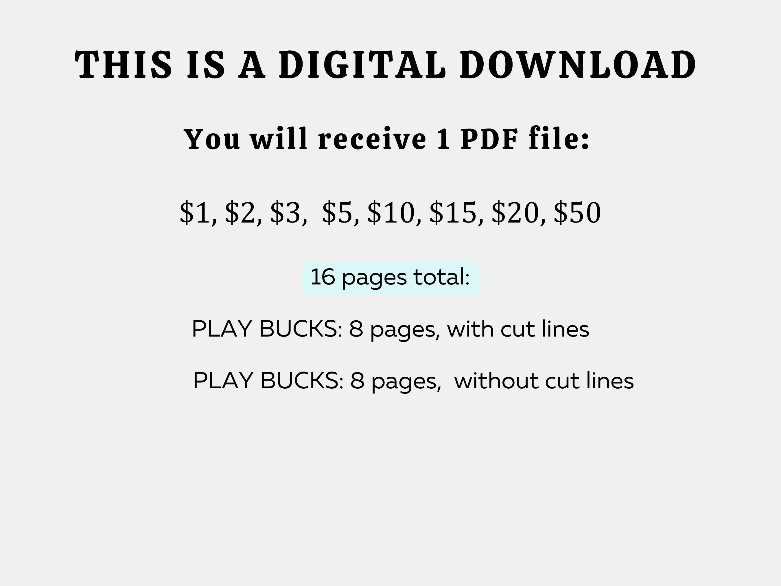 Printable Play Money for Kids - Digital Instant Download - Pretend Play  Money - Money for Grocery Playing With Kids - Chore Bucks for Kids - Etsy