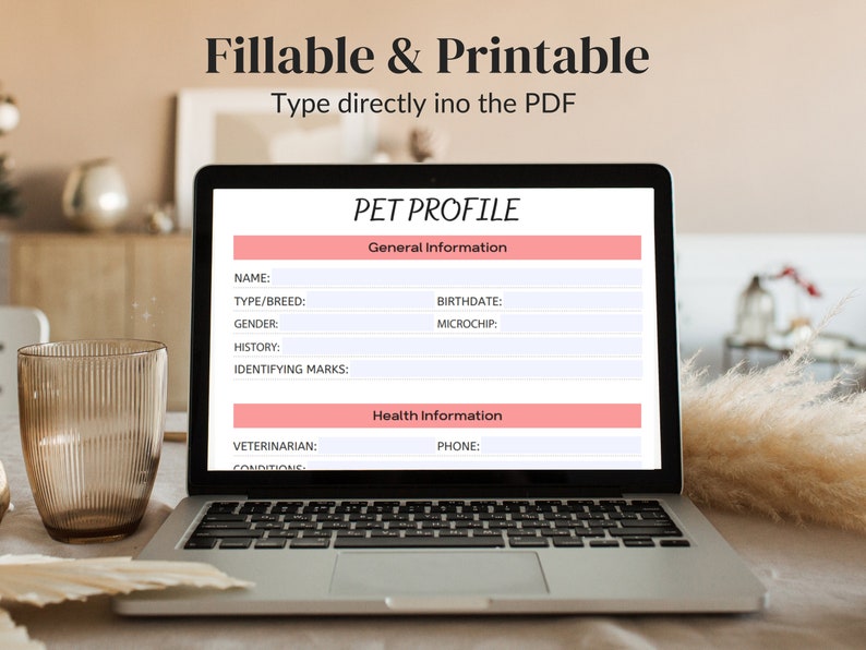 May include: A laptop computer displaying a printable pet profile form. The form includes sections for general information, such as name, type/breed, gender, birthdate, microchip, history, and identifying marks, as well as health information, such as veterinarian and phone number.