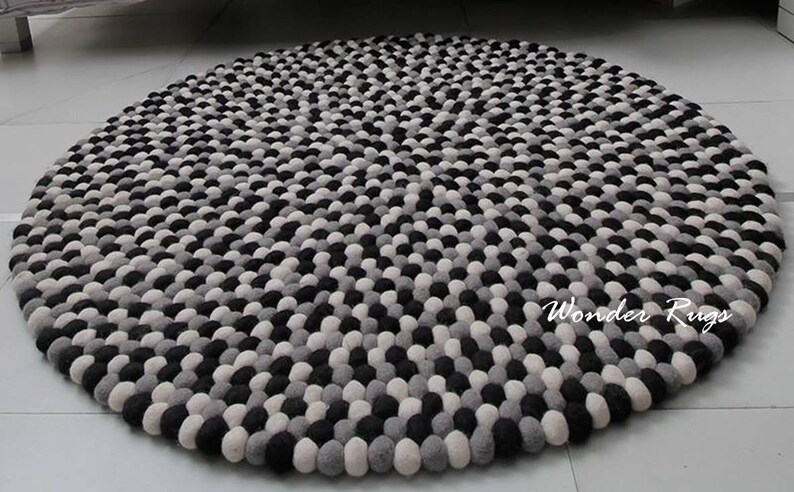 Monochrome Felt Ball Rug White Black Gray Wool Carpet Round - Modern Black And White Round Rug Monochrome Felt Ball Rug White Black Gray Wool Carpet Round - Modern Black And White Round Rug