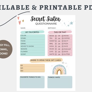 Cuestionario de hermana secreta / Plantilla sobre mí / Juego de intercambio de regalos / Encuesta de hermana secreta del campamento de niñas - PDF rellenable e imprimible