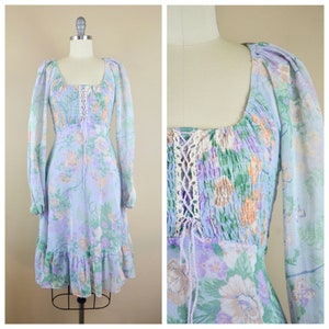 Vintage 1970s Jody T floral peasant boho Gunne Sax style smocked corset dress *XXS*