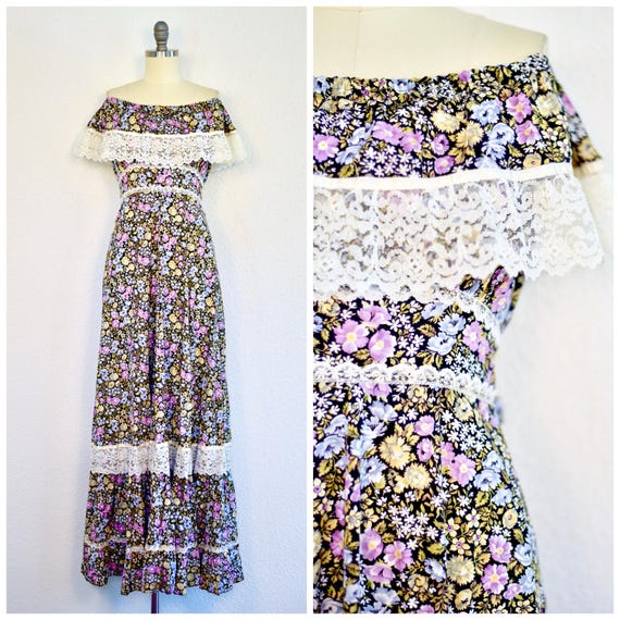 Vintage 1970s Montgomery Ward Floral Print Gunne-Sax Style Prairie Dress *S*