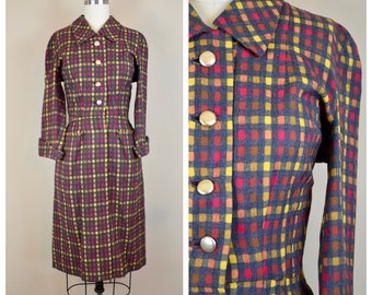 Vintage 1950s Elfreda Checkered Wool Knit Shirt Waist dress *XS*