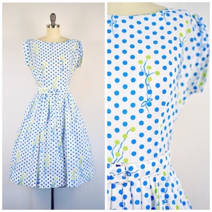 Vintage 1950s Polka Dot Full Skirt Dress: Belted Rockabilly Style