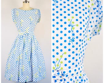 Vintage 1950s Polka Dot Full Skirt Dress: Belted Rockabilly Style