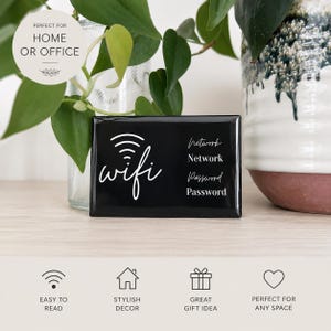 May include: A rectangular black sign with white text and a wifi symbol. The sign features the word wifi in a script font, followed by the labels Network and Password, each repeated twice in a mix of script and sans-serif fonts for clarity.