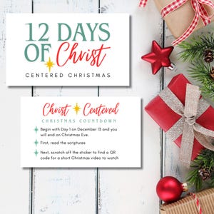 May include: A printable Christmas countdown card with the text "12 Days of Christ Centered Christmas". The card features a star and the words "Christ Centered Christmas Countdown" in a festive font. The instructions on the card explain how to use the countdown, which involves reading scriptures and watching a short Christmas video.