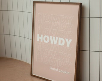 howdy wall art - retro cowboy art print, country vintage western downloadable poster, cute pink texas print for southern decor dorm, bedroom